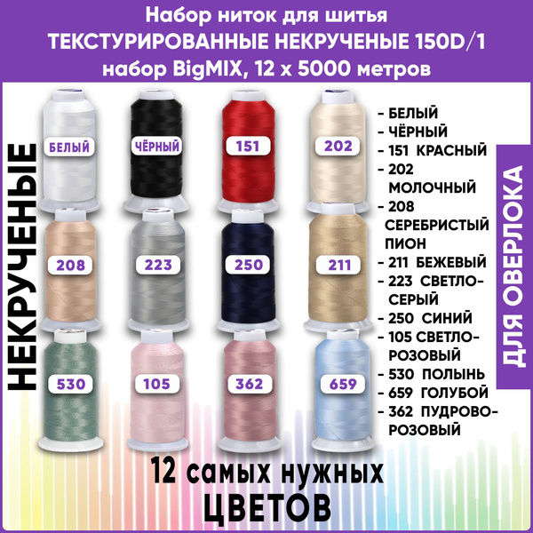 Нитки для шитья текстурированные некрученые 150D/1, bigMIX 12 цветов ...