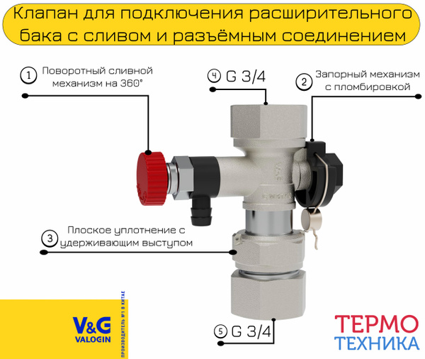 Клапан для подключения расширительного бака с сливом и разъёмным ...