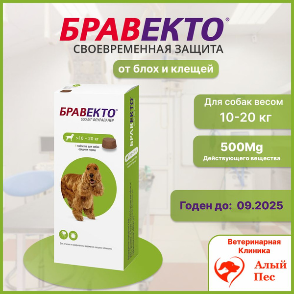 Таблетки БРАВЕКТО для собак весом от 10 до 20 кг против блох и клещей ...