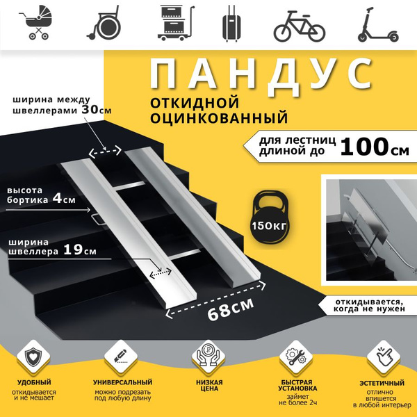 Пандус откидной оцинкованный СТАНДАРТ 100 см / Для детских колясок / В ...