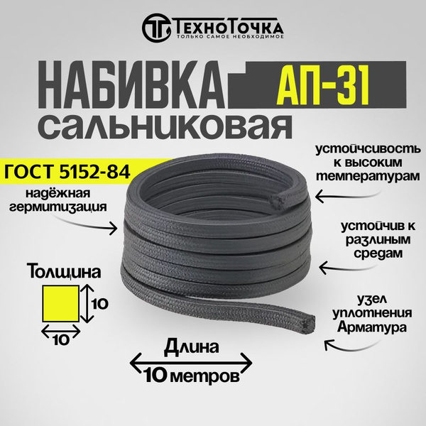 НАБИВКА САЛЬНИКОВАЯ АП-31 размер 10*10мм длина 10 метров ГОСТ 5152-84 ...