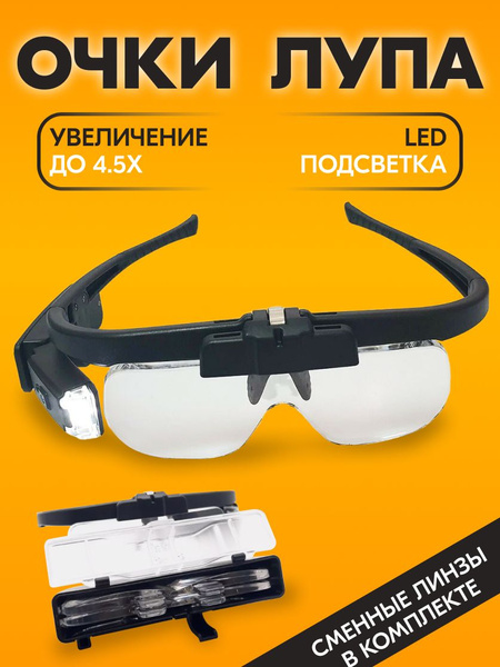 Очки лупа увеличительные с подсветкой, со сменными линзами в футляре ...