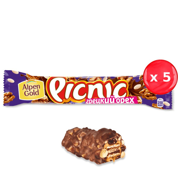 Шоколадный батончик Picnic с грецким орехом 52г, набор из 5 шт ...