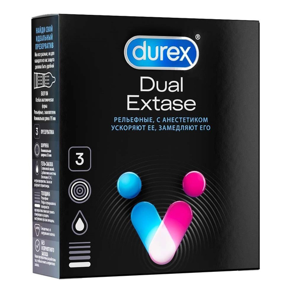Презервативы Дюрекс (Durex) Dual extase рельефн с анестетик 3 шт ...