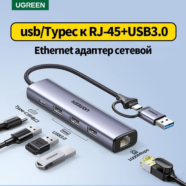 Ugreen Typec USB Hub Lan Adapter/ Сетевая карта Typec USB / Ethernet ...