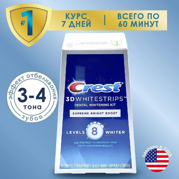 Отбеливающие полоски для зубов Crest 3D White Supreme Bright Boost за 7 ...