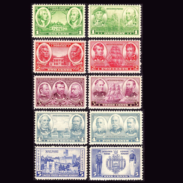 Почтовые марки США 1936, 1937 Выдающиеся деятели армии США и флота США ...
