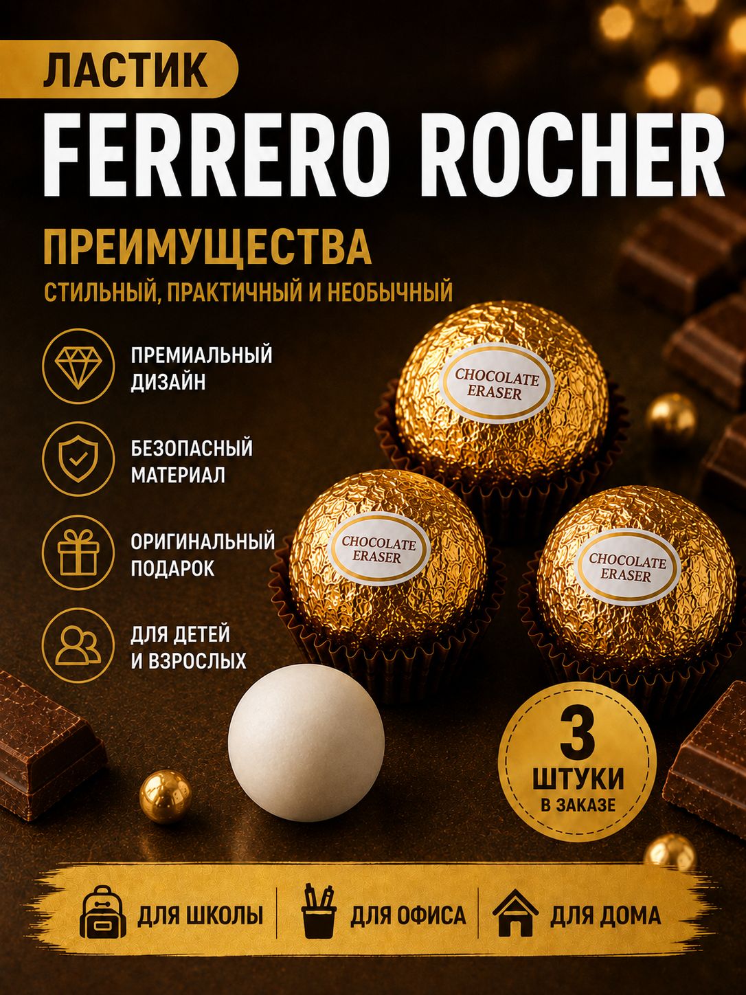 Для школы и творчества. Ластик-шар в виде шоколадной конфеты, 3 шт.