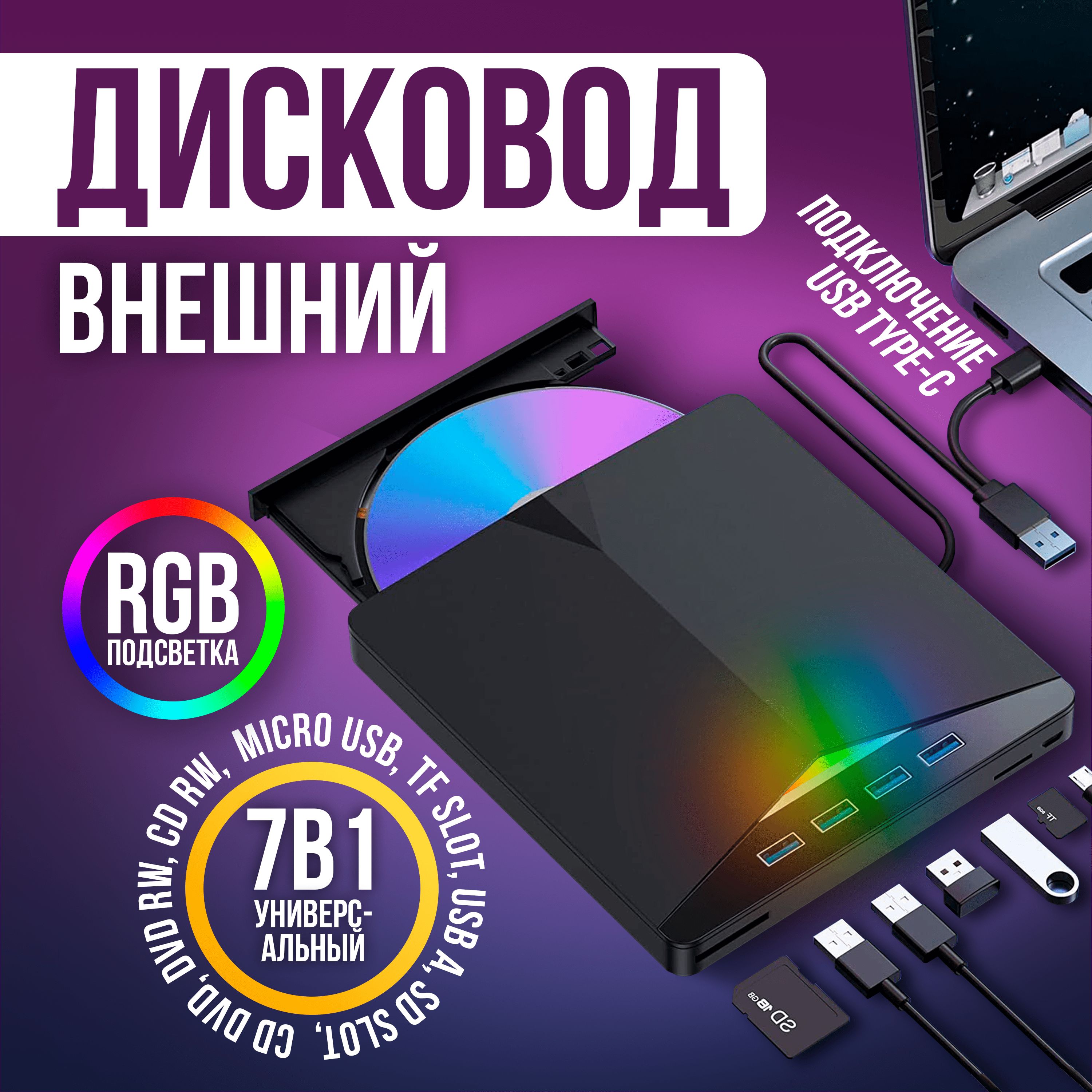 ВнешнийCDDVDдисководсчтениемизаписьюсразъемамиSDкартридер,4USB-концентратор,дляноутбуковAppleиWindows,разъемподключениякноутбукуType-CиUSB