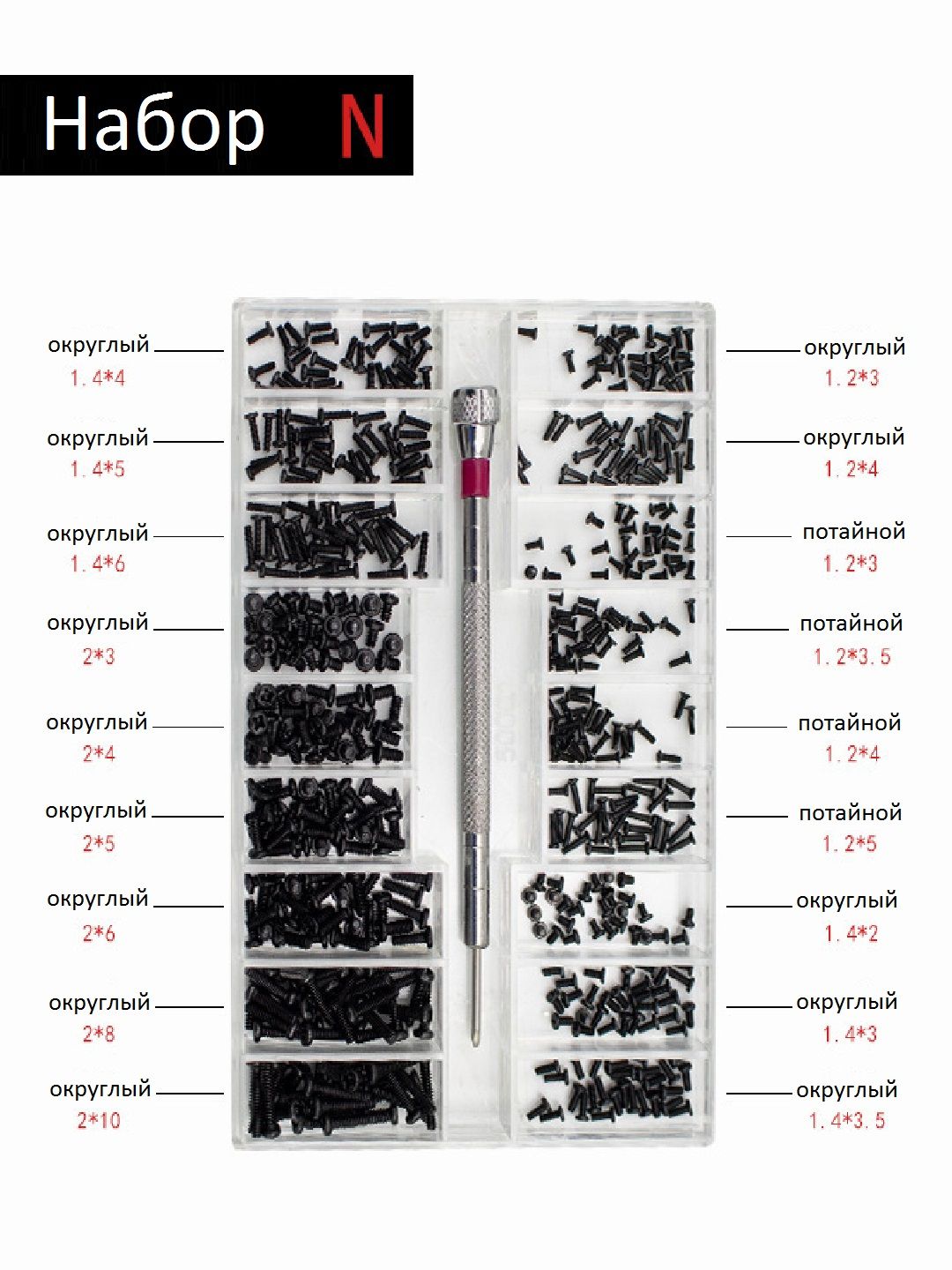 Набор винтов "N" с потайной и округлой головкой, в пластиковом кейсе, черный, 18 видов