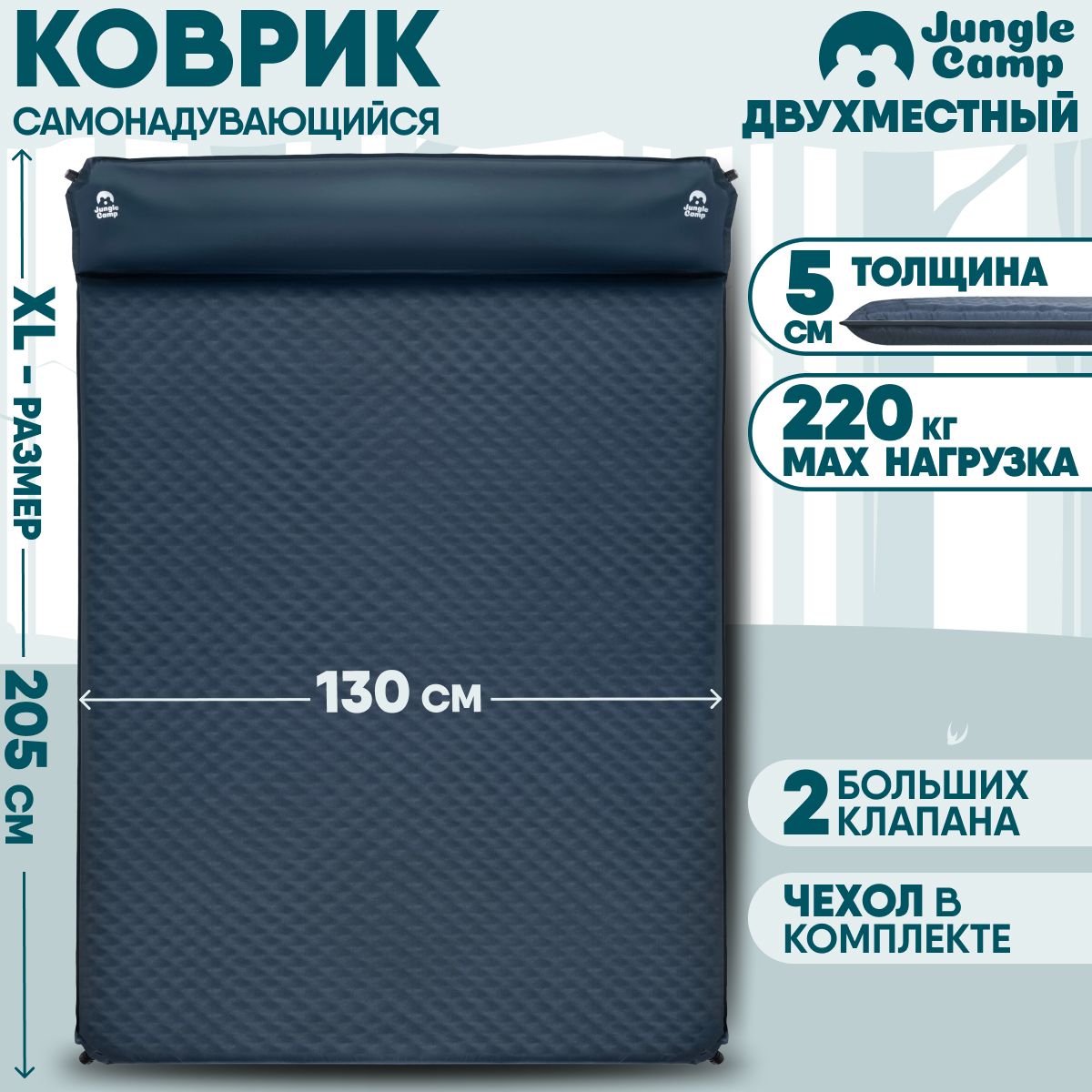 Коврик самонадувающийся кемпинговый, двухместный с подушкой JUNGLE CAMP Dreamer Double 50, 205x130x5см, серый