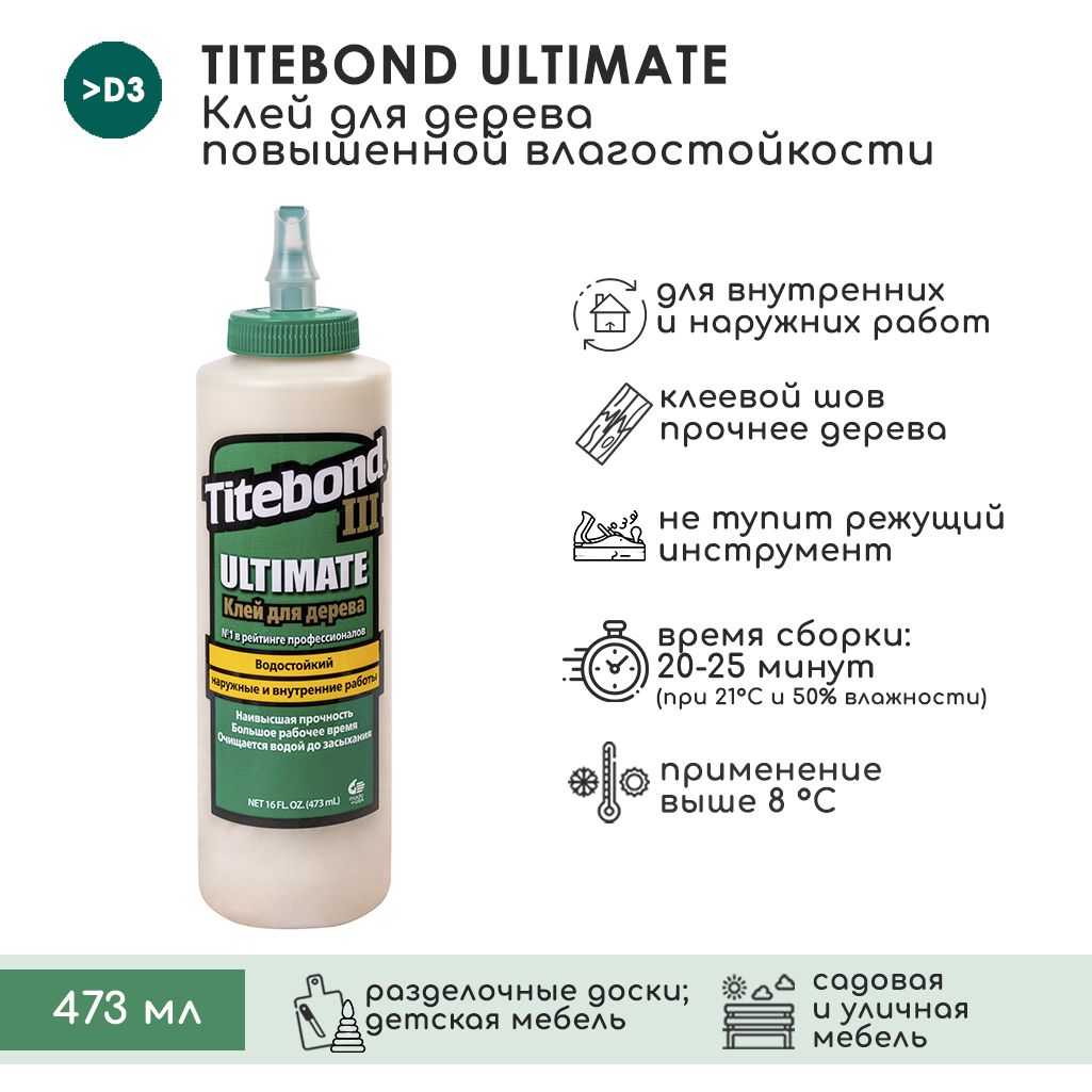 Клей для дерева Titebond III Ultimate Wood Glue Влагостойкий ПВА 473 мл.