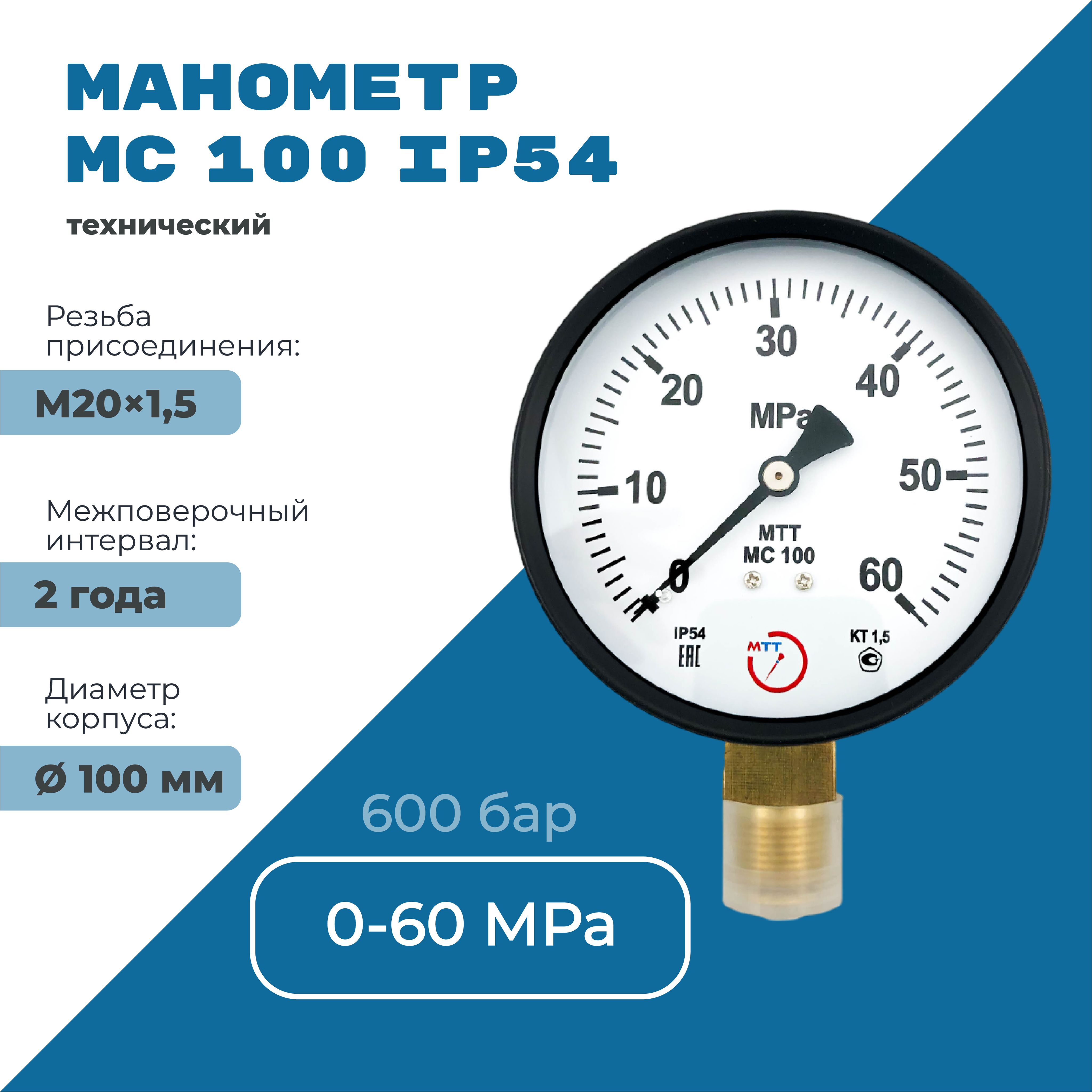 Манометр МС100 IP54 0 до 60 МПа (600 бар) резьба М20х1,5 класс точности 1,5