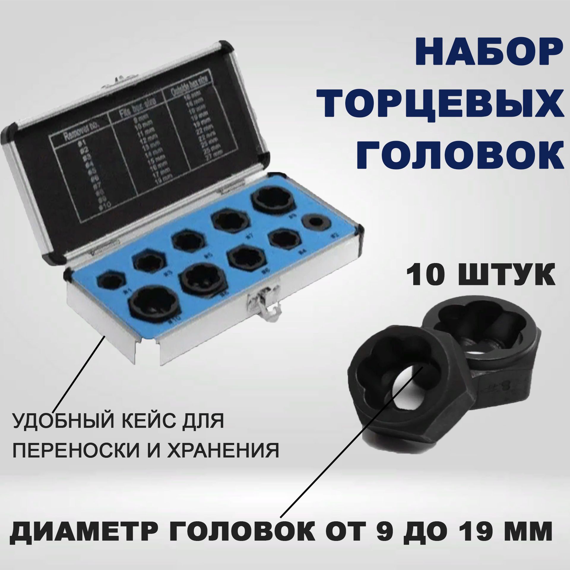 Набор торцевых головок спиральных (экстракторов) для поврежденных гаек и  болтов, 9-19 мм, кейс и 10 насадок - купить по выгодной цене в  интернет-магазине OZON (797564022)