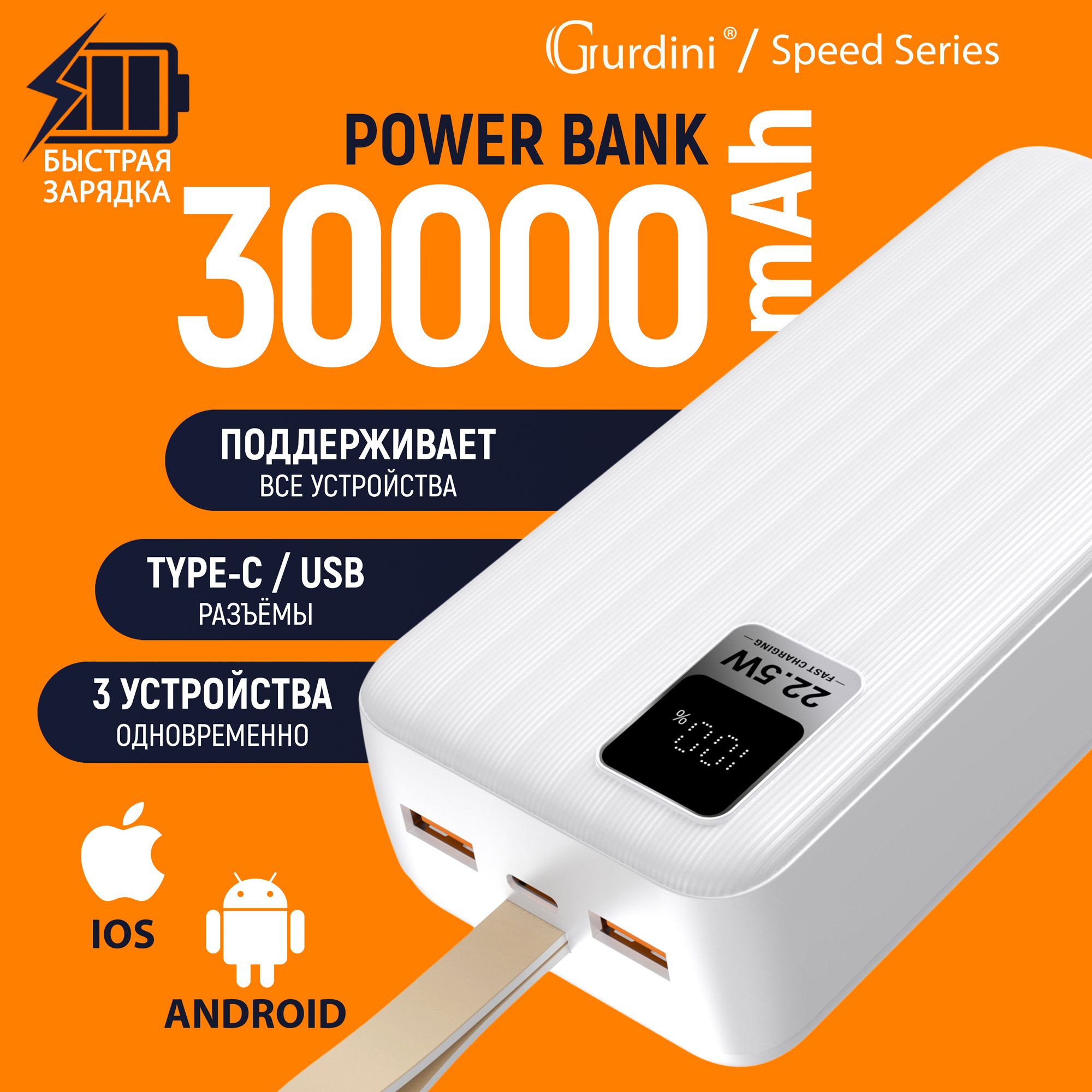 ВнешнийаккумуляторсбыстройзарядкойGurdiniSpeedSeries30000mAhGPPD-03W2USB+USB-C22.5W,белый,(PowerBank/ПоверБанк)