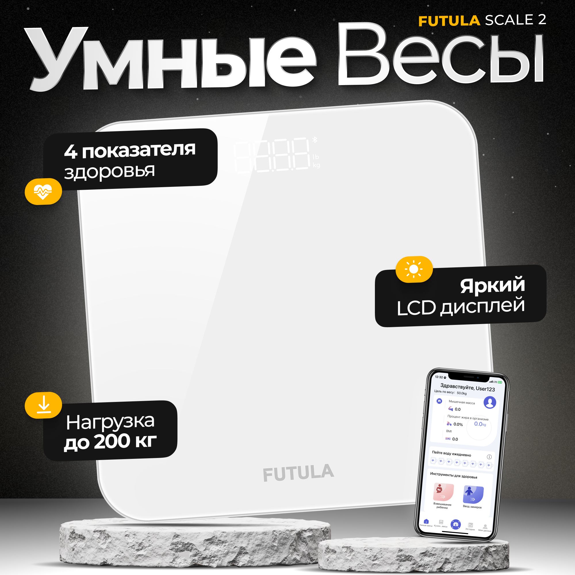 Весы напольные умные Futula Smart Scale 2 белые; Смарт весы электронные с  функцией Bluetooth