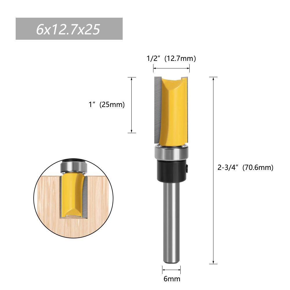 Фрезаподеревукромочнаяпрямаядлявыборкизаподлицосверхнимподшипником12.7х25мм,хвостовик6мм