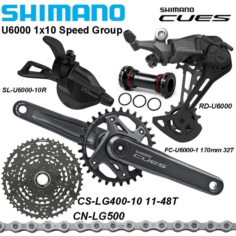 ShimanoCuesU6000,группаскоростей1x10,переключениеSL-R/RD(Безокном),кассетаCS-LG40011-48T,цепьCN-LG500124L,шатуны170MM-32TскареткойMT501(набориз6шт.)