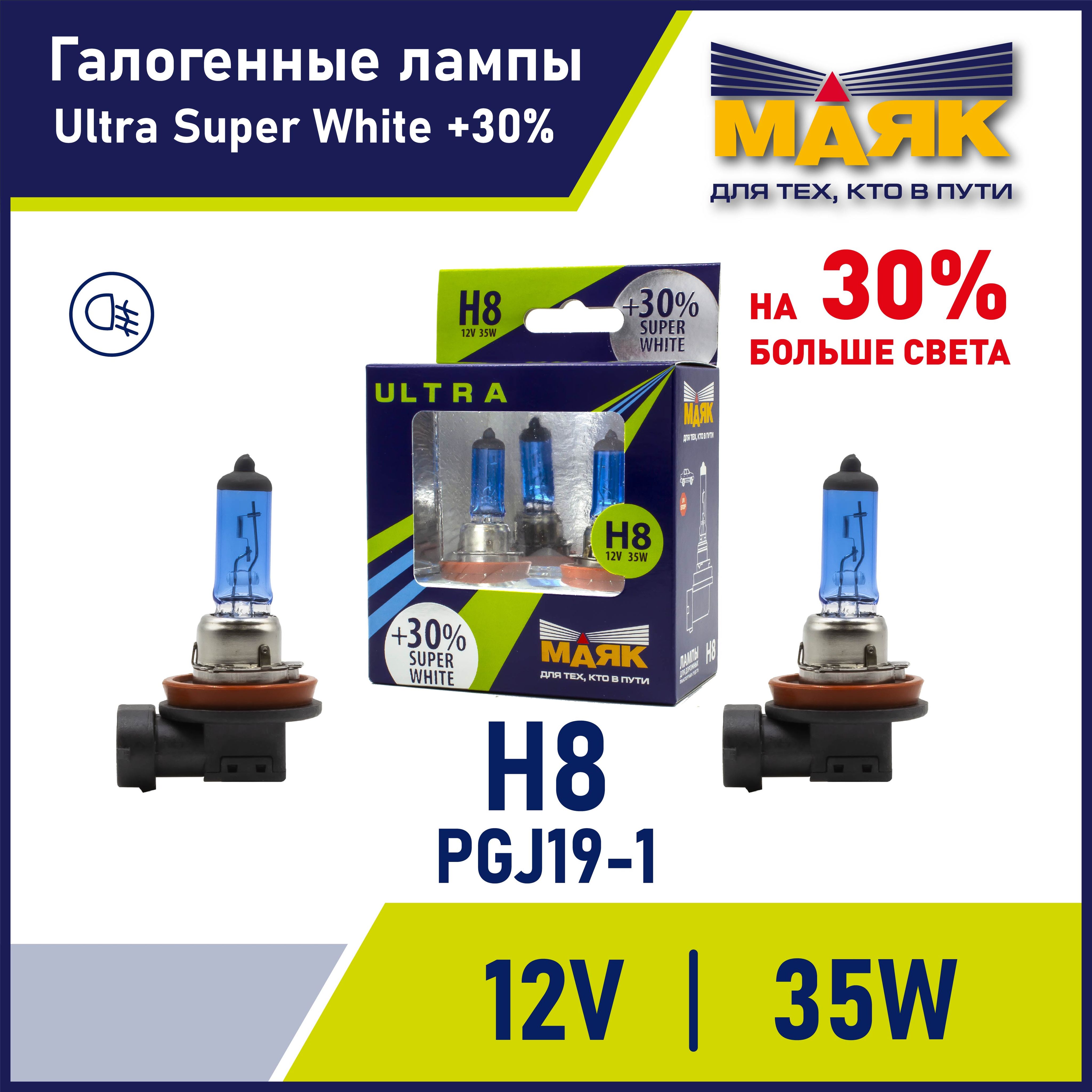 Лампа H8 автомобильная галогенная 12V 35W PGJ19-1 Super White +30% "Маяк" ULTRA, 2 шт.