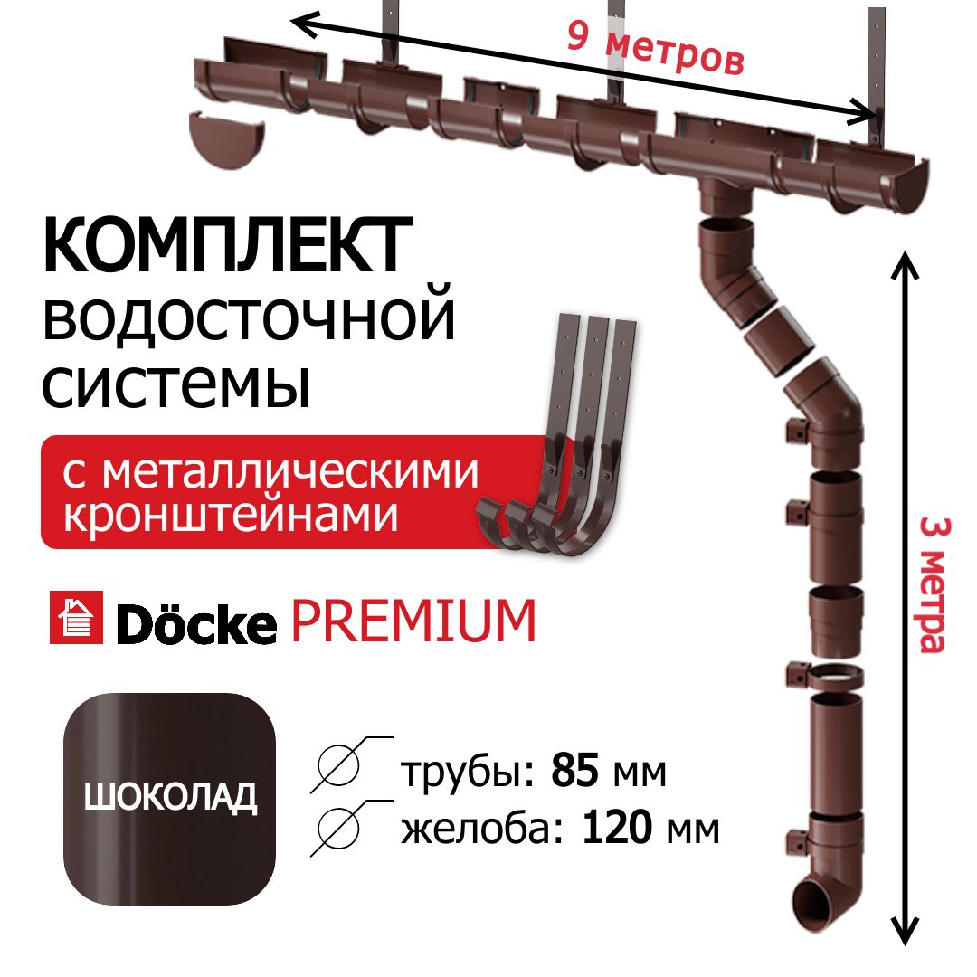 Водосточные системы комплект, 9м/3м, Docke Premium, ral 8019, цвет шоколад, водосток для крыши дома, Деке Премиум, с металлическими кронштейнами