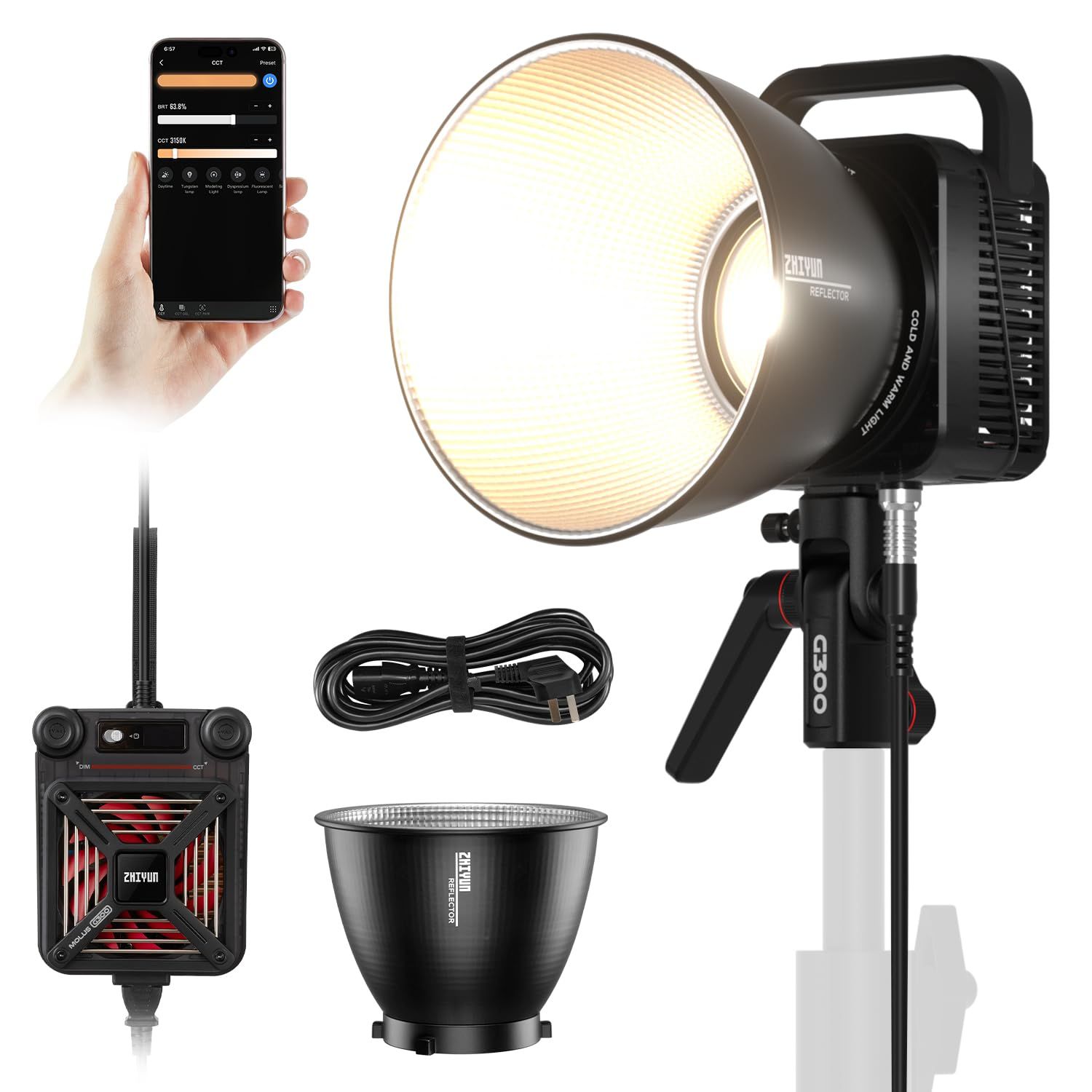 ZHIYUN MOLUS G300 , 500W MAX ,2700K-6500K ,портативный светодиодный карманный светильник, освещение для фотосъемки на открытом воздухе,и управление ZY Vega APP