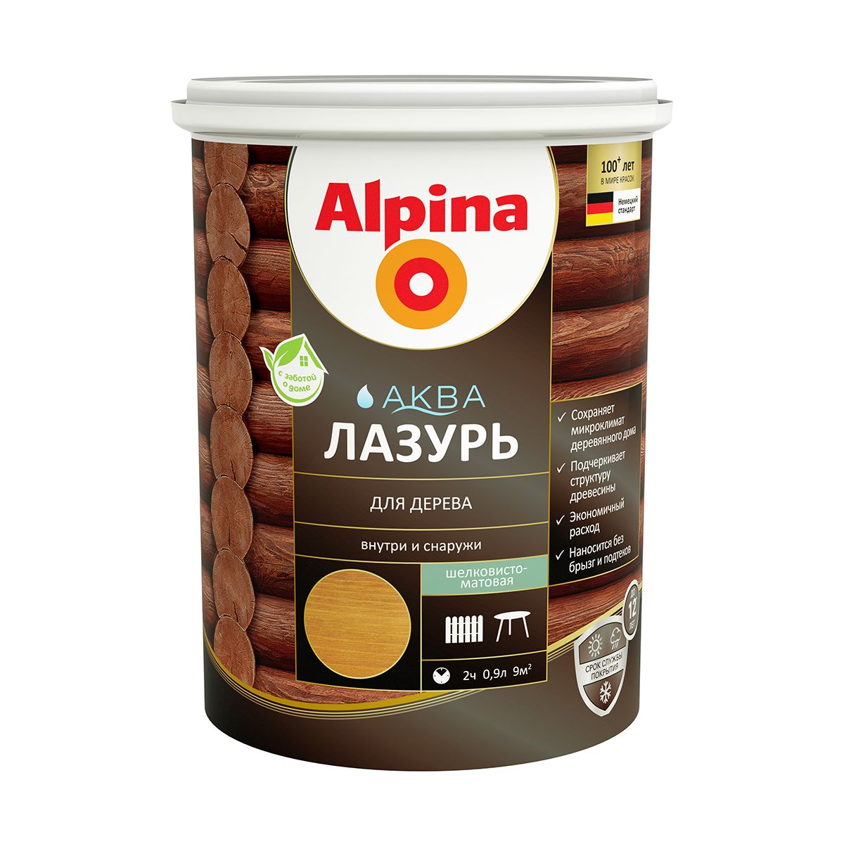 Защитная лазурь для дерева Alpina Аква, 0,9 л, тик