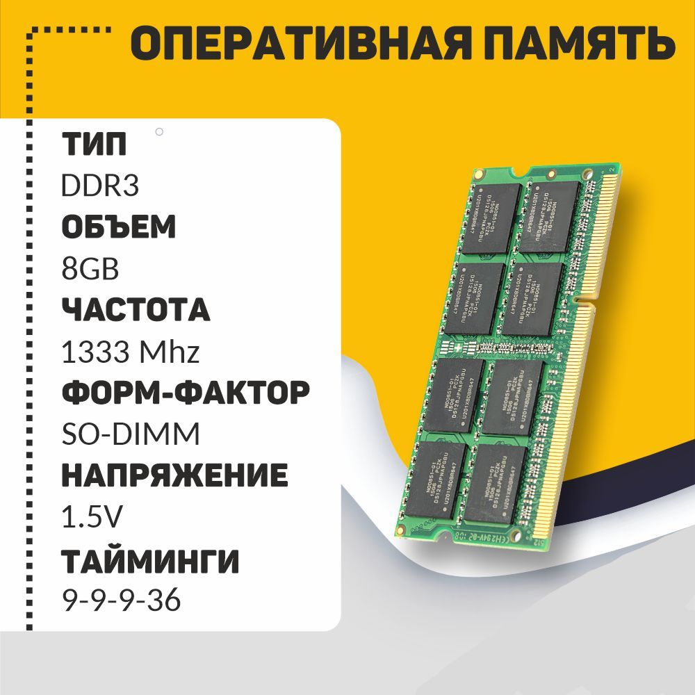 ОперативнаяпамятьSODIMMDDR38GB1333MHz204PINPC3-106001x8ГБ(KVR1066D3S7/8Gb)