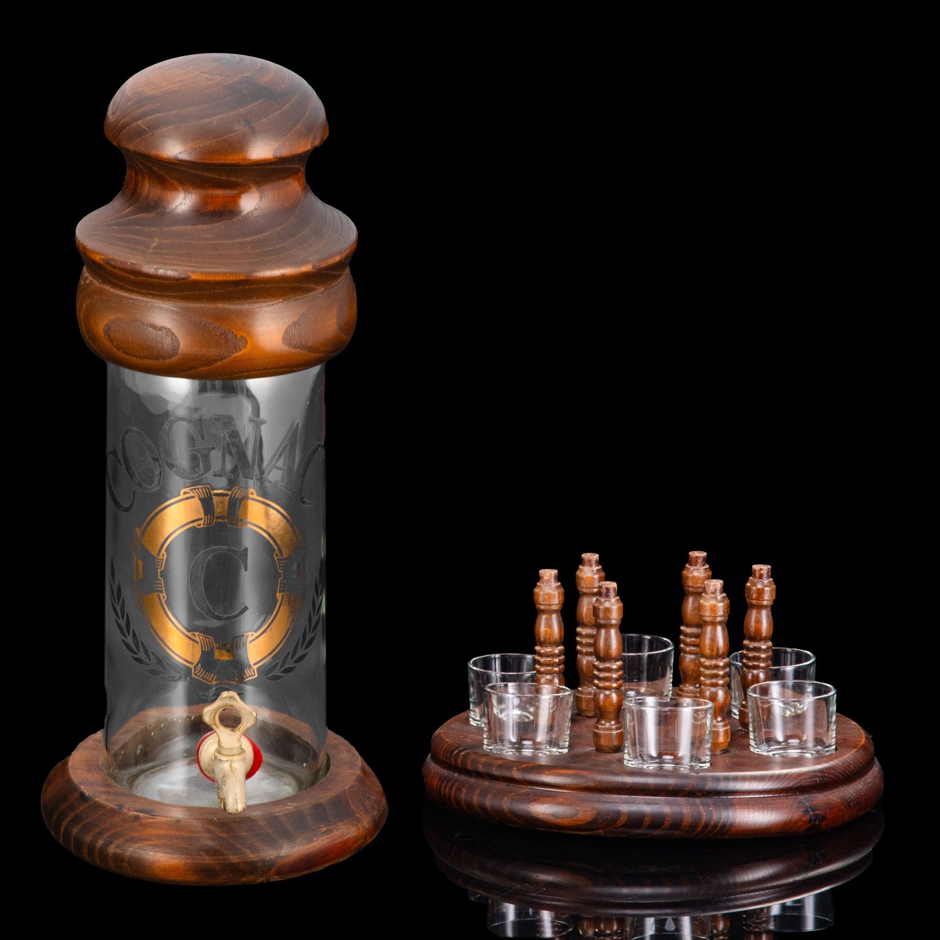 Набор для коньяка штоф с краником и стопки на 6 персон, дерево, стекло, печать, металл, композитный материал, Европа, 1980-2000 гг.