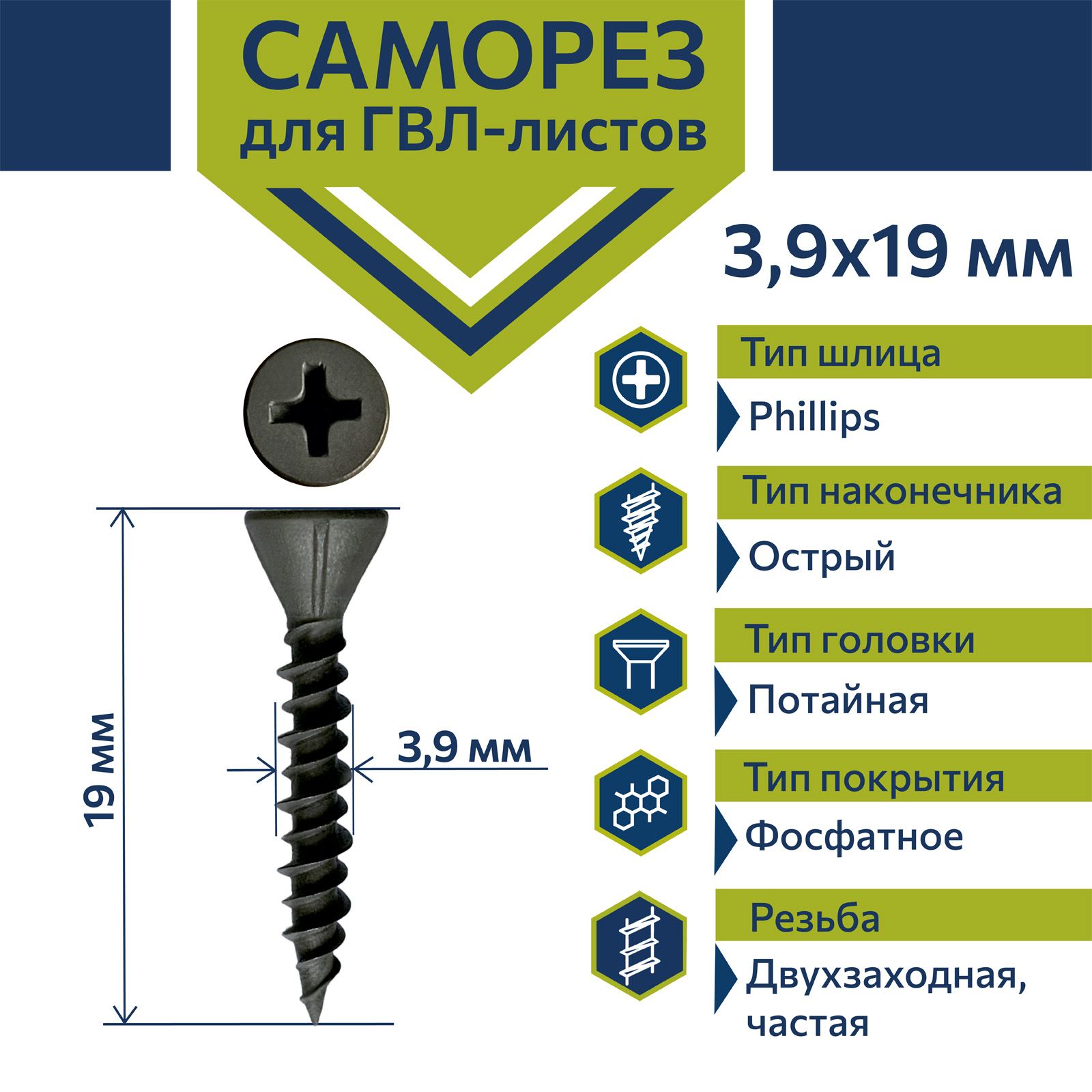 Саморез Rizzel 3,9х19 ГВЛ по дереву и металлу фосфатированный (1000 шт)