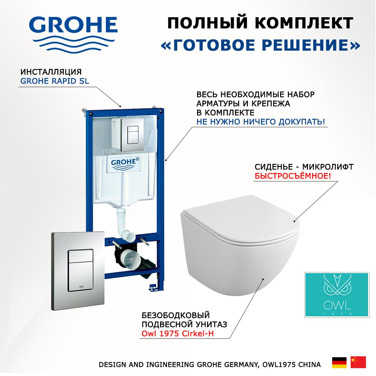 КомплектинсталляцияGroheRapid+УнитазподвеснойCirkel-H+кнопкахром