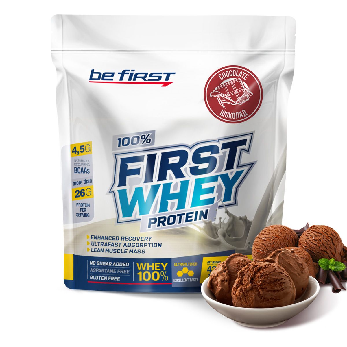 Протеин сывороточный для набора мышечной массы Be First 100% First Whey Protein Instant 420 гр, шоколад