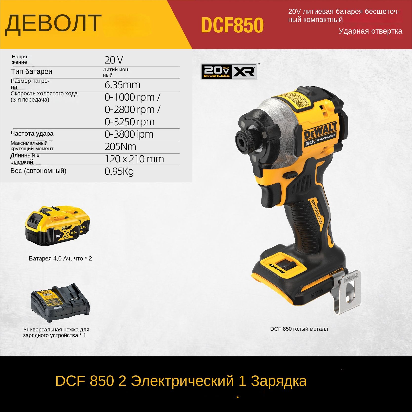 УдарныйвинтовертDEWALT/20ВDCF850N,15,4