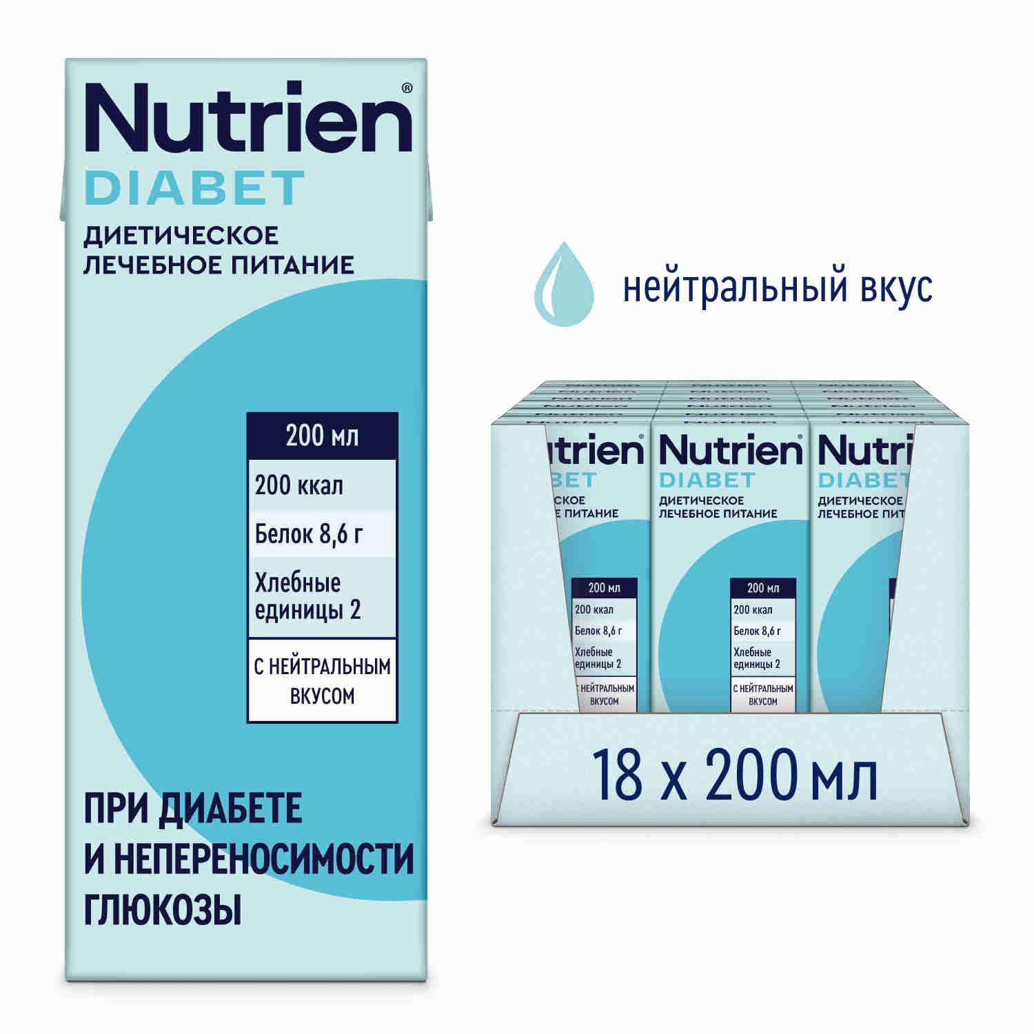 Nutrien Диабет 200 мл х 18 шт с нейтральным вкусом готовое  лечебное питание с 1 года