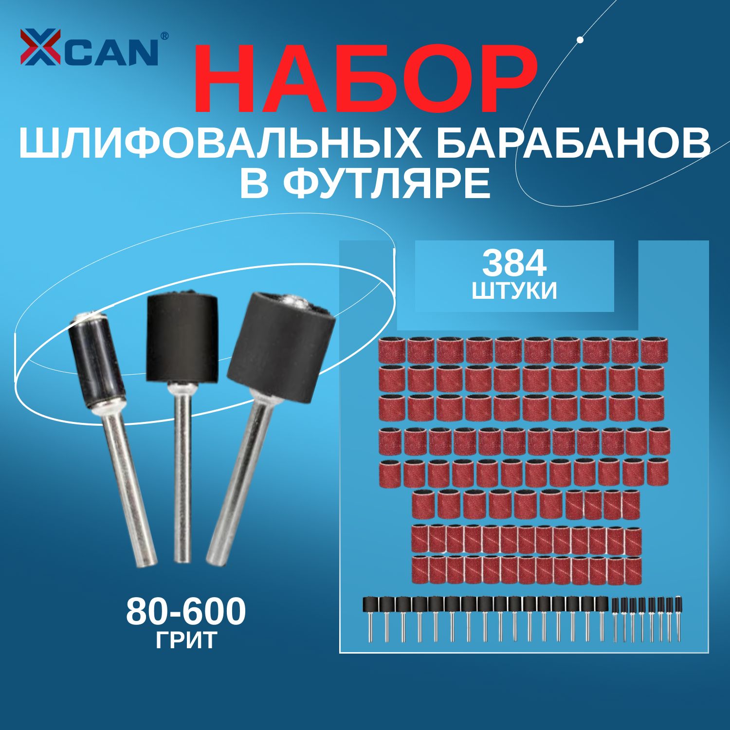 Набор шлифовальных барабанов для гравера XCAN в футляре, 384 шт.