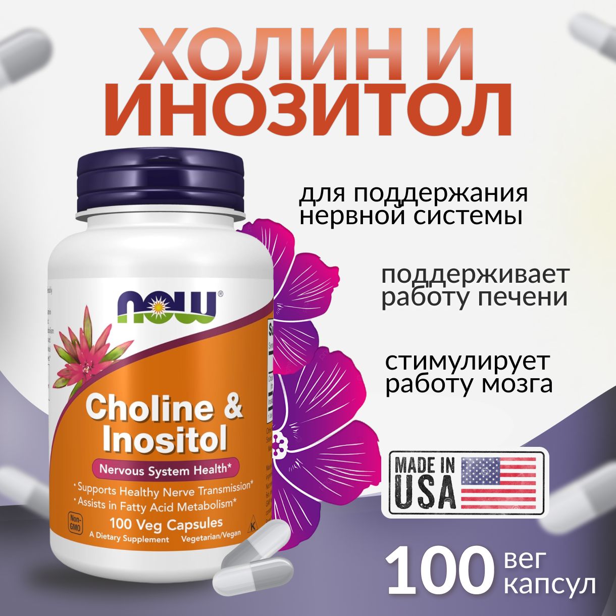 NOW Supplements, Холин и инозитол, Choline & Inositol, 100 капсул