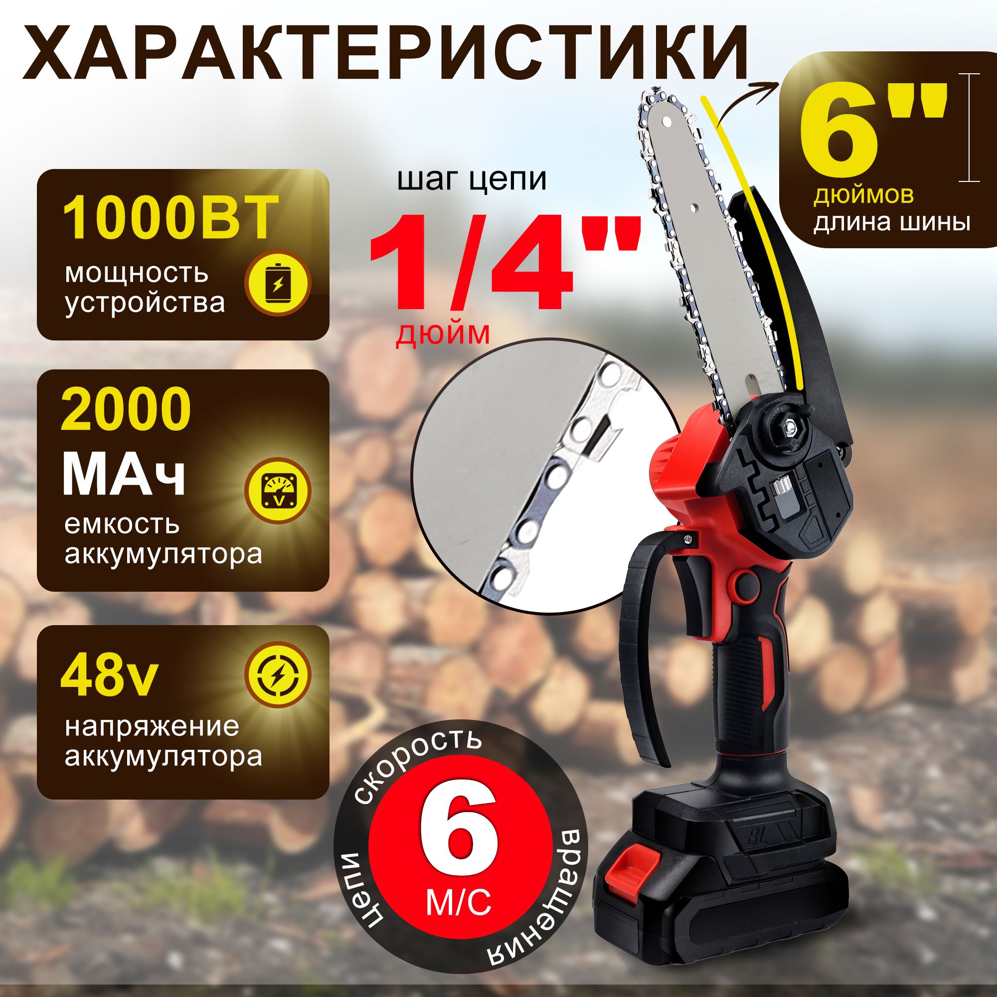 Мини пила цепная аккумуляторная садовая 6 дюймов 21В