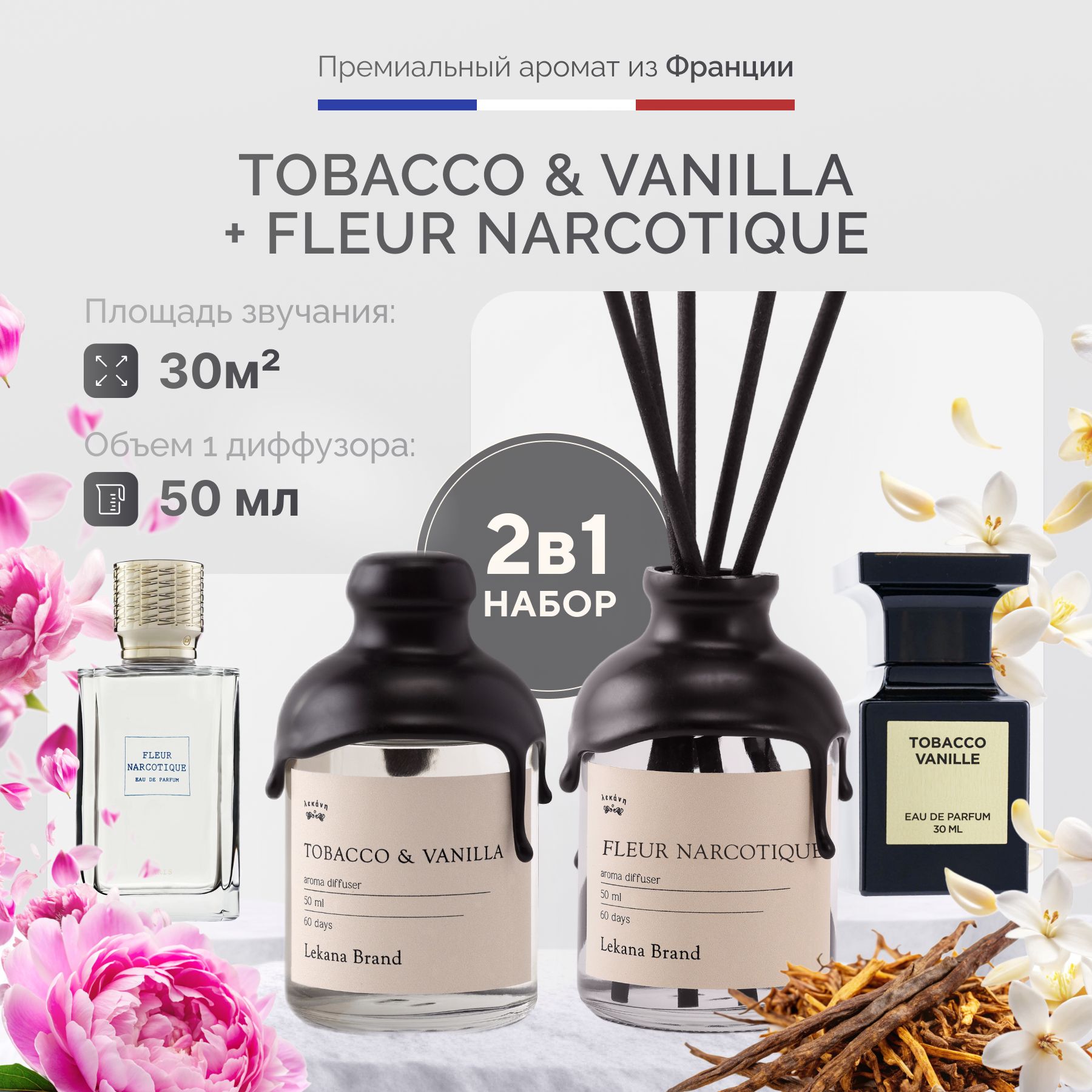 Ароматический диффузор для дома, Tobacco & Vanilla+Fleur Narcotique, 2*50 мл, Ароматизатор для офиса с палочками ароома пахучка