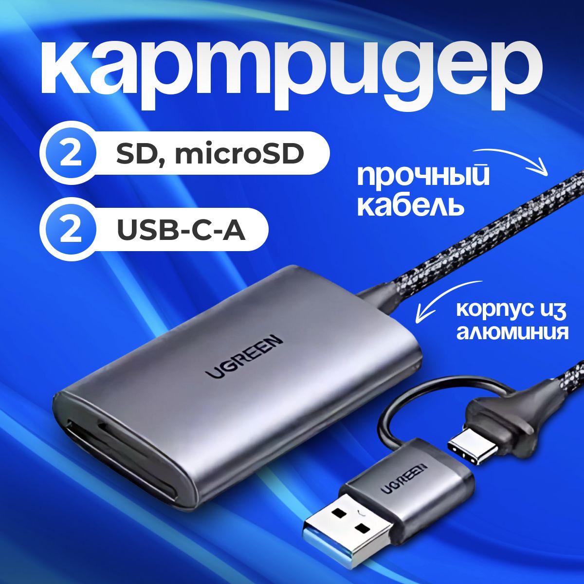 Картридер UGREEN CM401 (35148) USB-C-A to SD/TF. Memory Card Reader серый