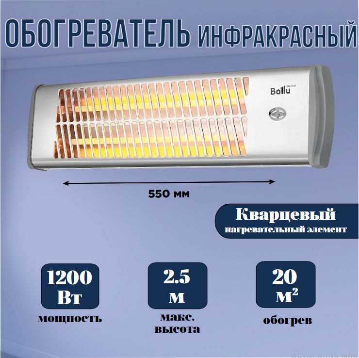 ИнфракрасныйобогревательBalluBIH-LW-1.2,настенный,1200Вт,обогрев20кв.м.,2режима,НС-1173720