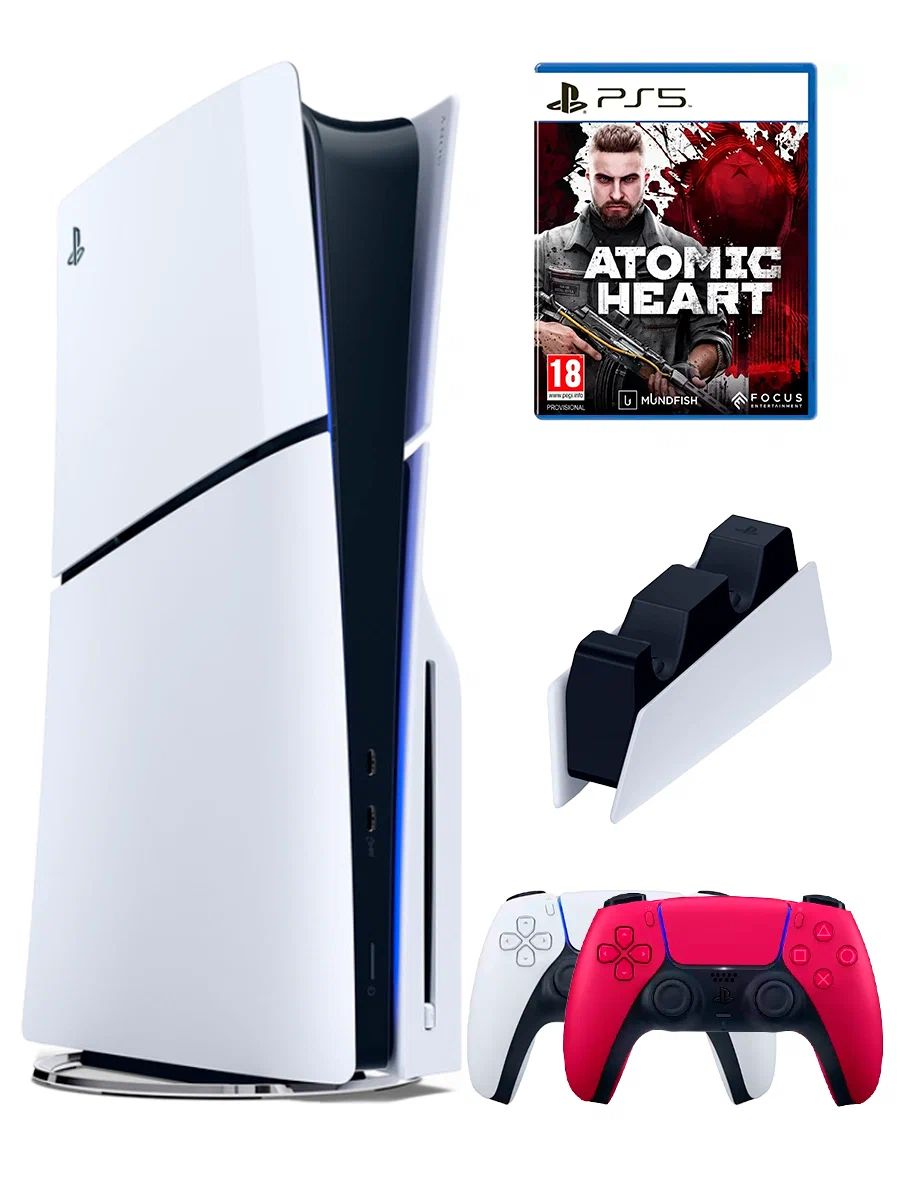 PS5 (ПС5) Игровая приставка Sony PlayStation 5 Slim +2-й геймпад(красный)+зарядное+игра Atomic Heart, 1000ГБ