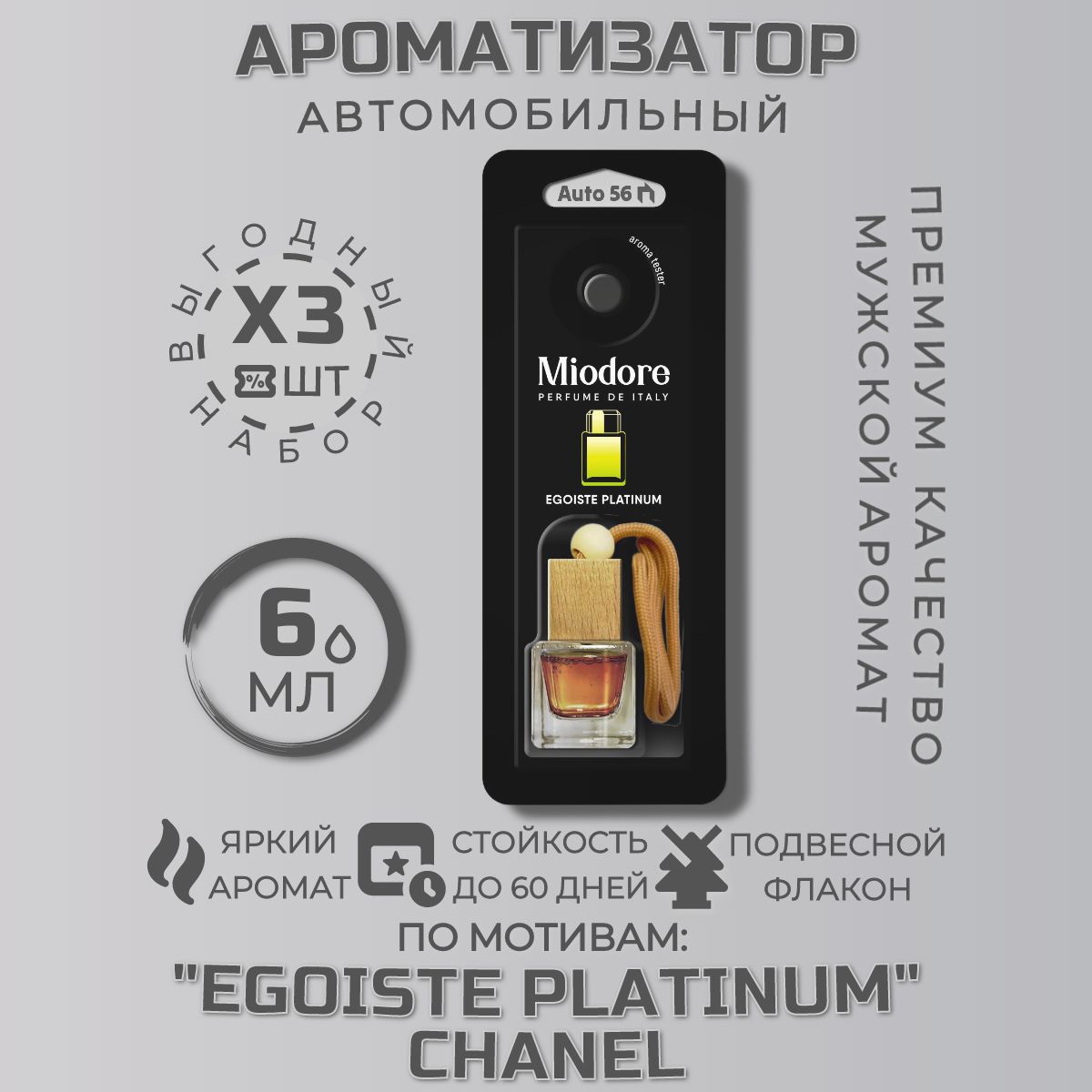 Miodore Ароматизатор автомобильный, Набор 3ШТ "EGOISTE PLATINUM" CHANEL Автопарфюм мужской, 18 мл