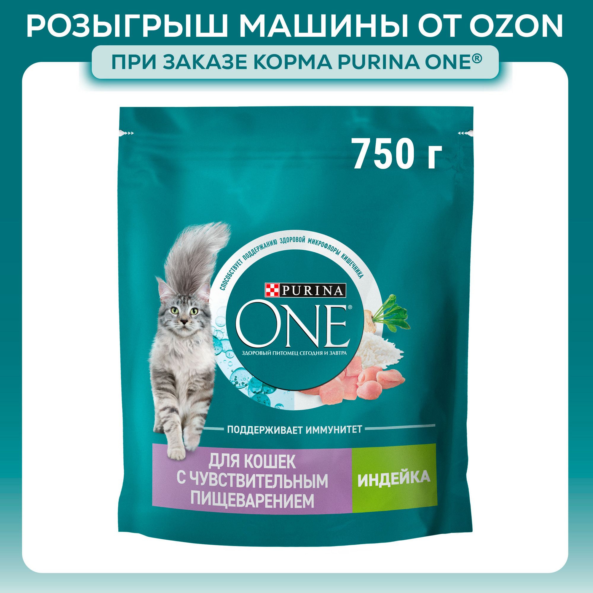 Сухой корм для кошек Purina ONE при чувствительном пищеварении, с индейкой и рисом, 750 г