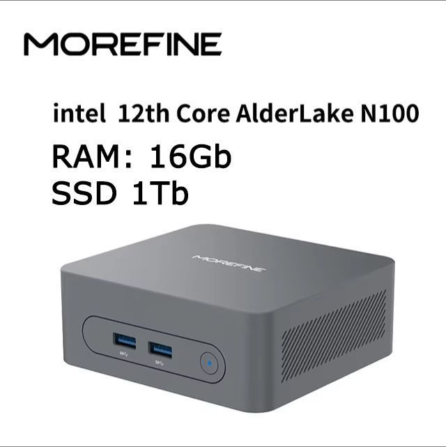 MOREFINE Мини-ПК M8 (Intel Alder Lake N100, RAM 16 ГБ, SSD 1000 ГБ, Intel HD Graphics, Windows 11 Pro), серый