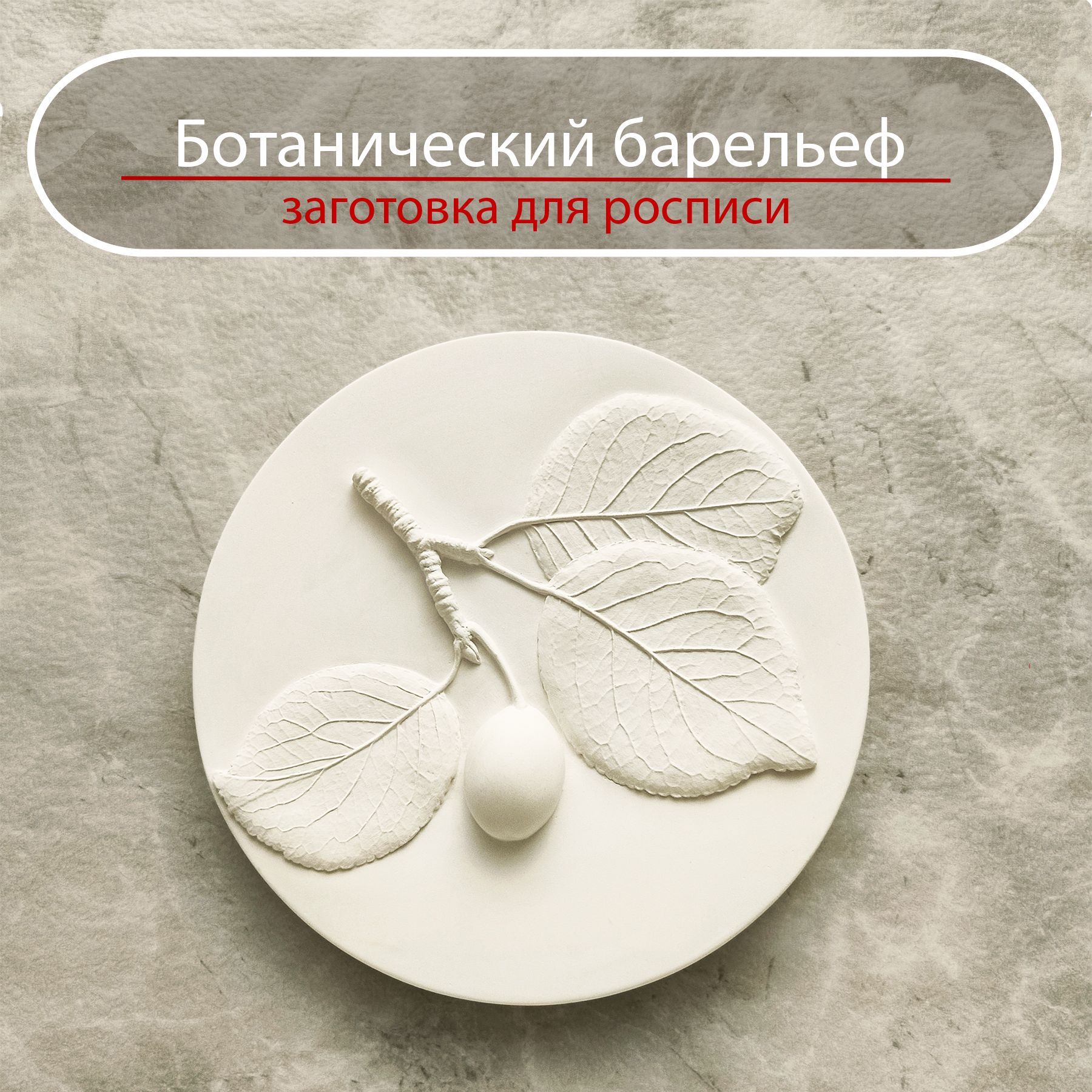 Панно Ботанический барельеф"Слива".Заготовка для росписи 13см, цвет слоновая кость