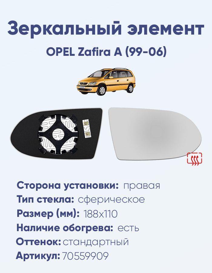 Зеркальный элемент правый OPEL Zafira A (99-06) сфера нейтральный с обогревом