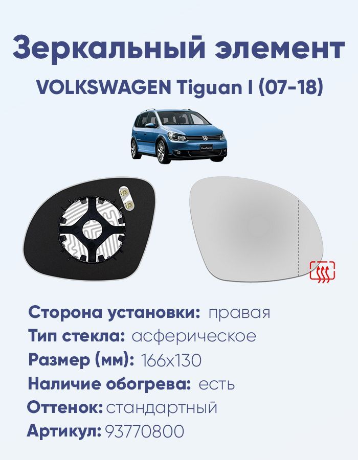 Зеркальный элемент правый VOLKSWAGEN Tiguan I (07-18) асферика нейтральный с обогревом