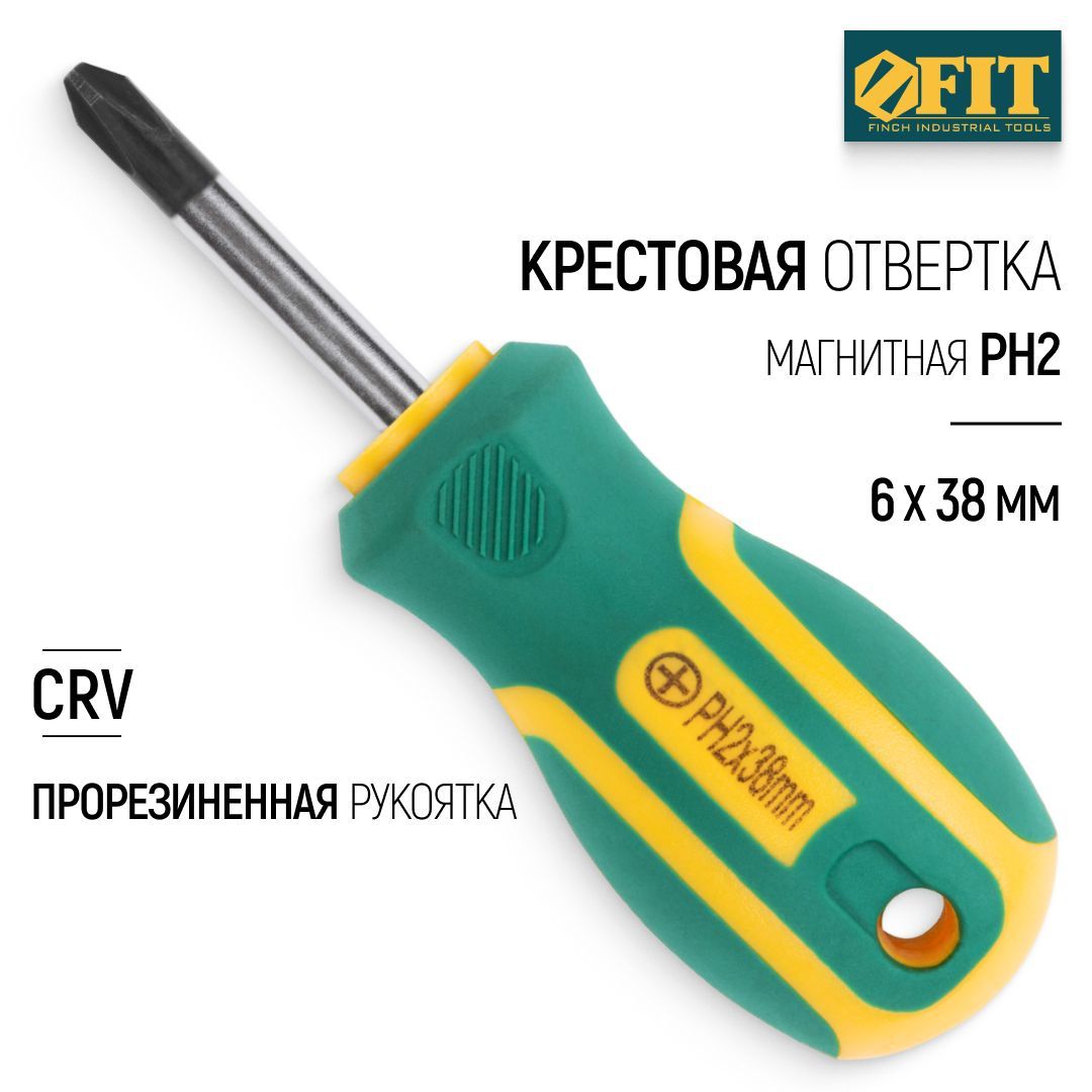 FIT Отвертка 6 х 38 мм крестовая РН2 CrV сталь, магнитный наконечник, прорезиненная ручка