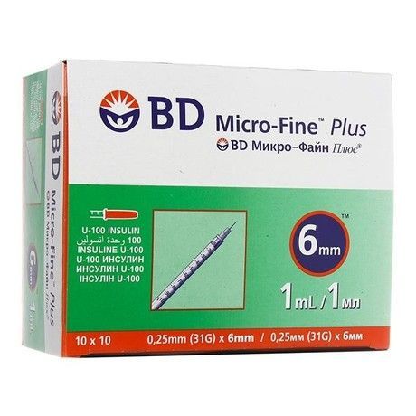 Шприц инсулиновый BD Micro-Fine Plus (Микро-Файн Плюс) 1 мл U-100 31G 0.25х6мм, 100шт