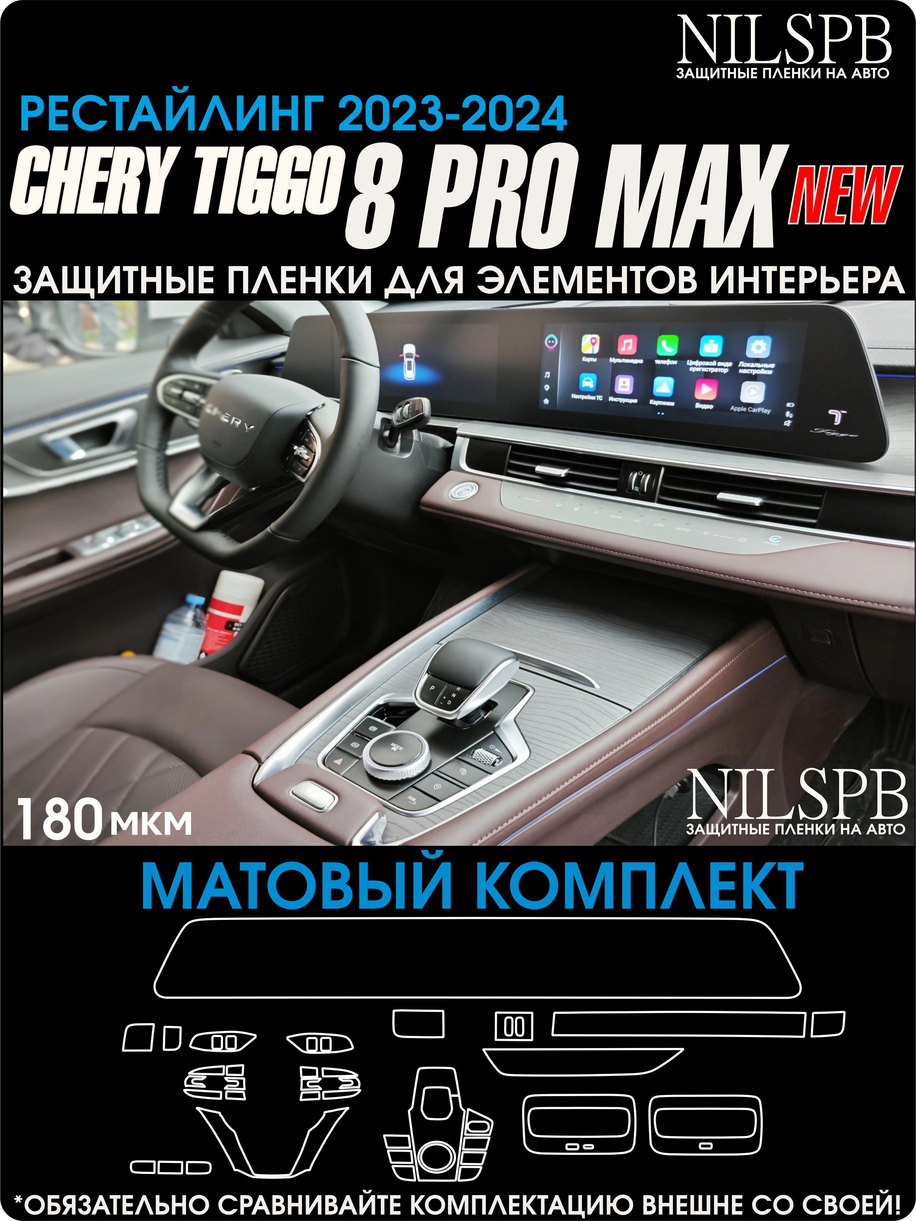 Chery Tiggo 8 Pro Max Рестайлинг Защитные матовые пленки на элементы интерьера Чери Тигго 8 про макс / NILSPB