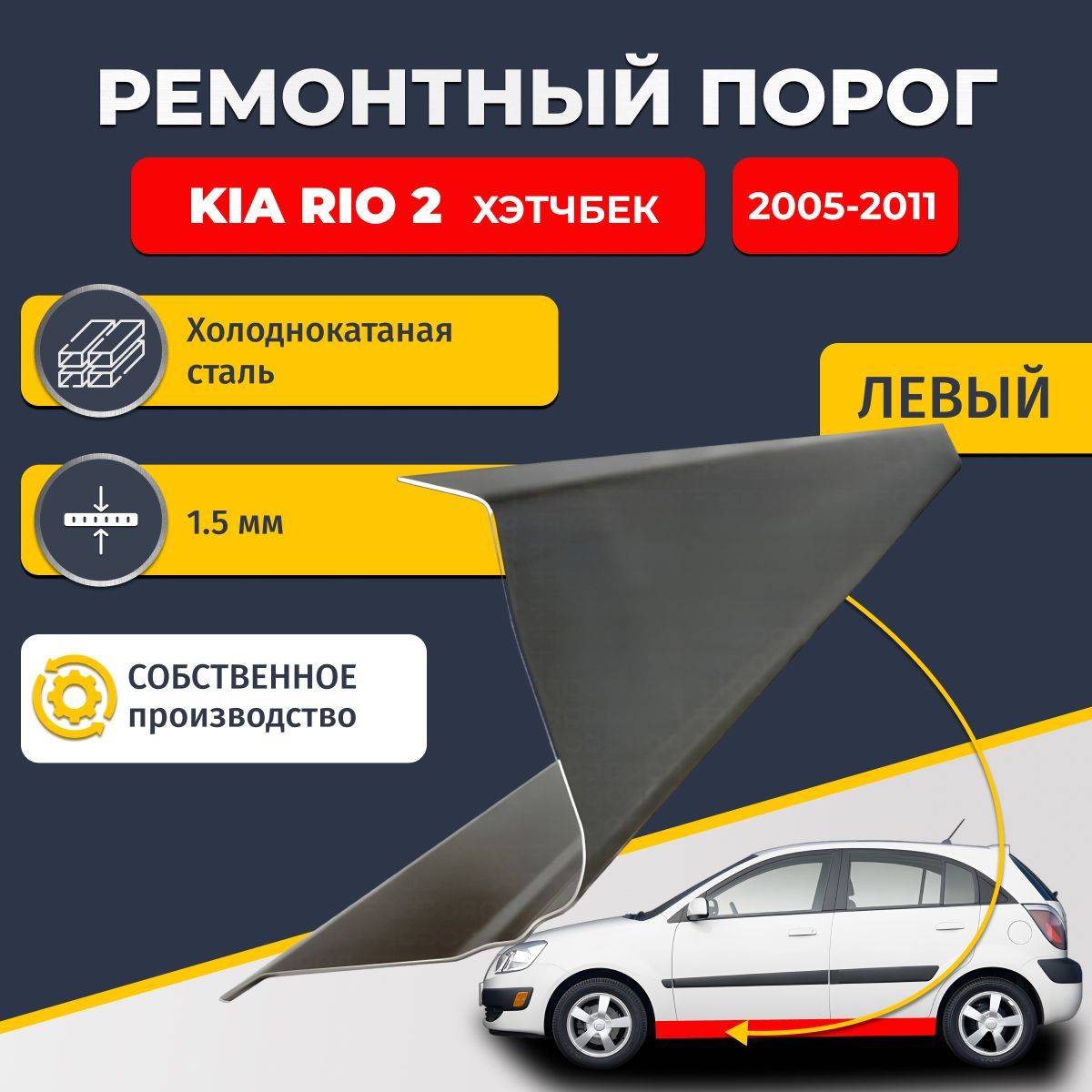 Левый ремонтный порог для Kia Rio 2 2005-2011 хэтчбек 5 дверей, холоднокатаная сталь 1.5 мм (Киа Рио 2), порог автомобильный, стандартный. Кузовной ремонт.